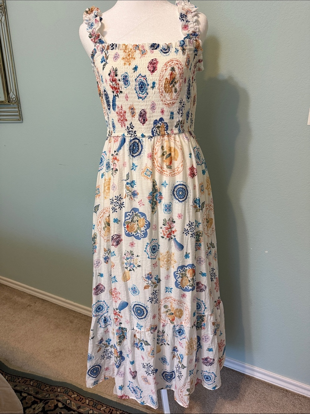 mine White Maxi Dress with Blue, Yellow and Pink Florals & Fruits